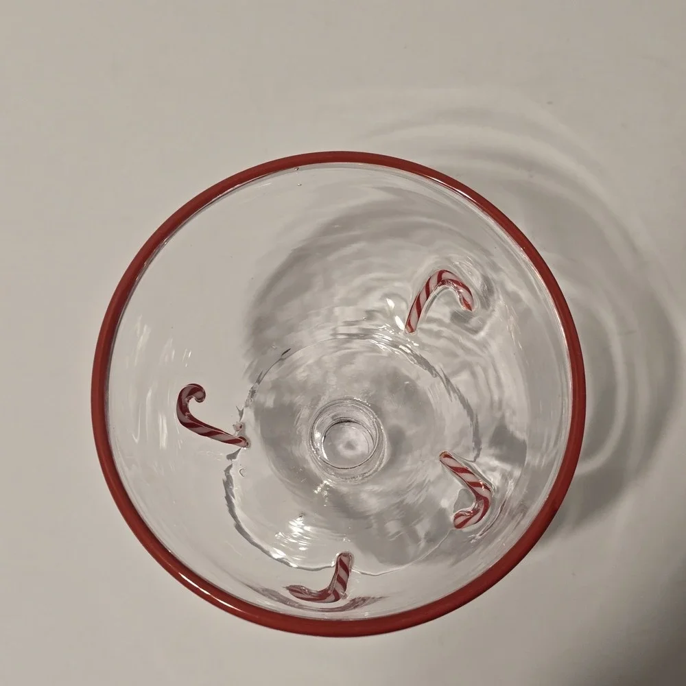 Holiday Candy‎ Cane Glass Dessert Bowl Red Rim Footed Christmas Ice Cream Cup